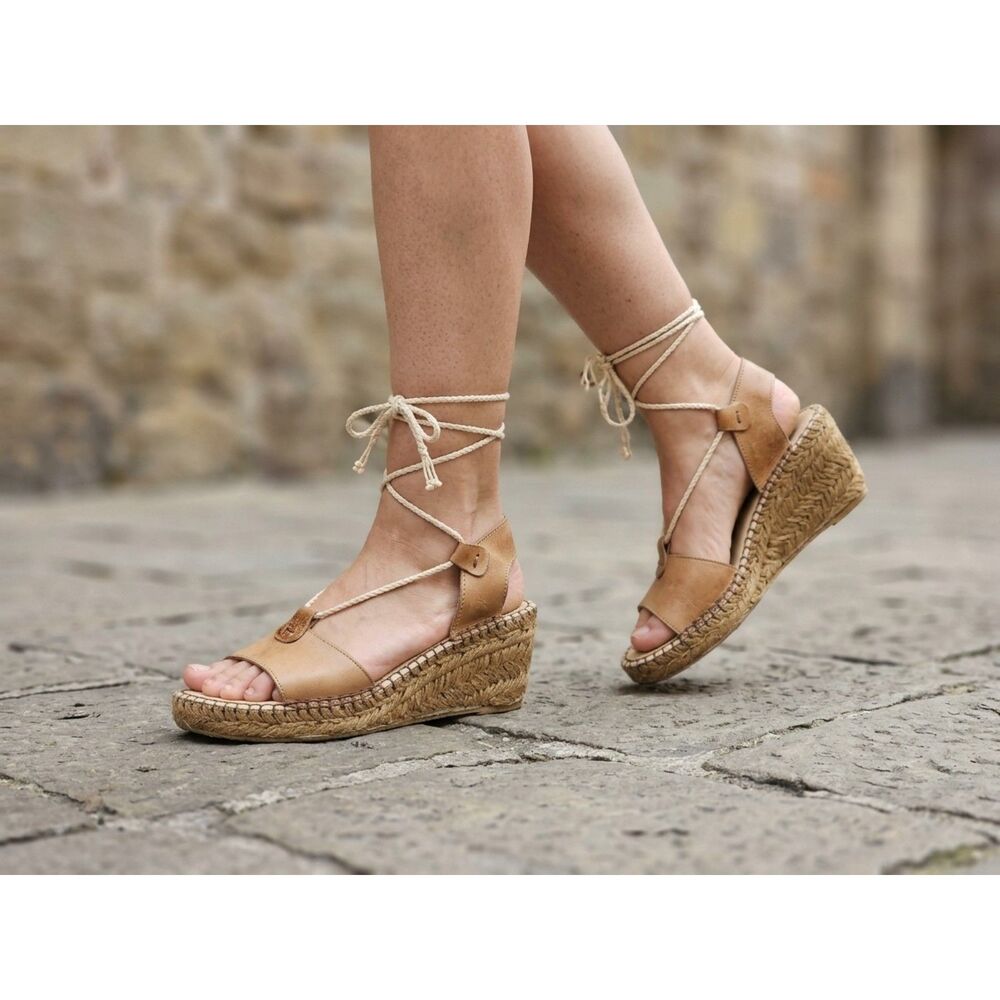 Eric Michael Made in Spain Tan Leather Lace Up Espadrille Wedge Sandals 8.5